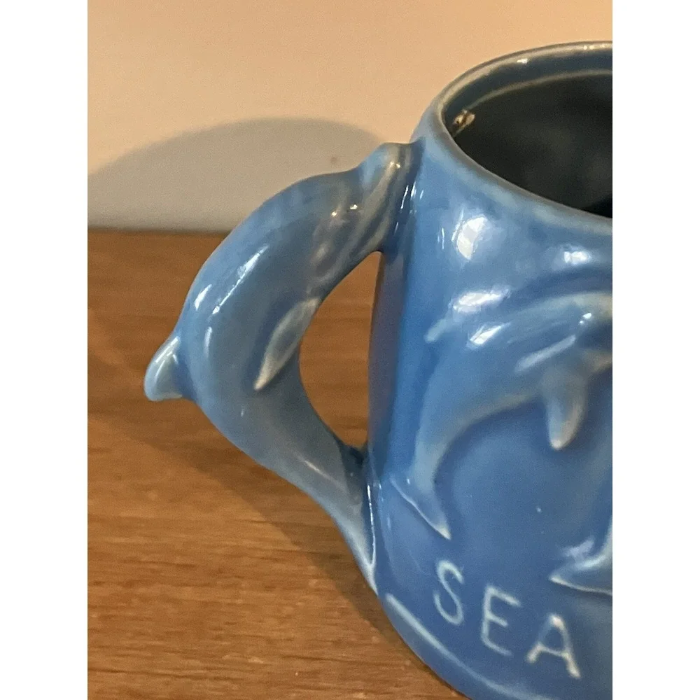 1974 Vintage Blue Sea World Ceramic Sugar Bowl with Dolphins -Japan
